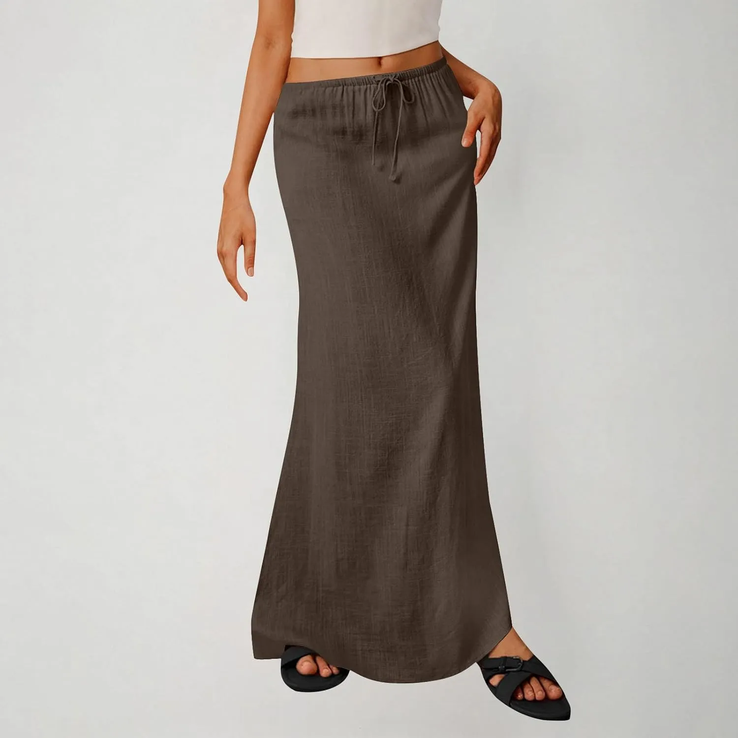 Linen Skirts for Women Summer Trendy Drawstring Low Waist A Line Skirt Casual Loose Flowy Beach Vacation Boho Skirts