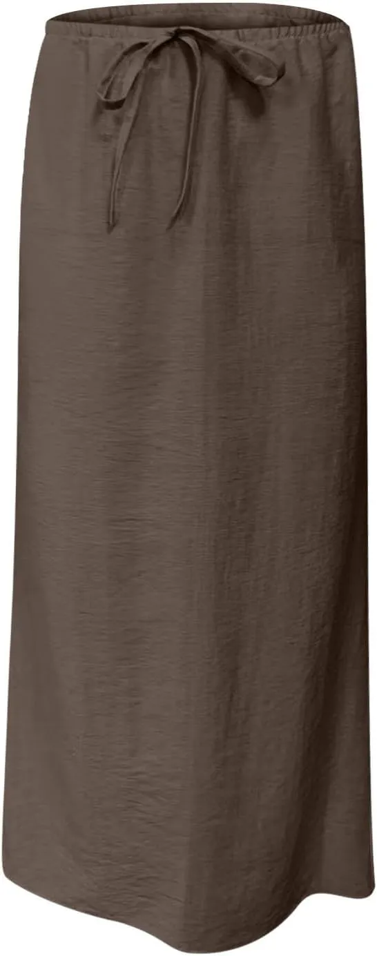 Linen Skirts for Women Summer Trendy Drawstring Low Waist A Line Skirt Casual Loose Flowy Beach Vacation Boho Skirts