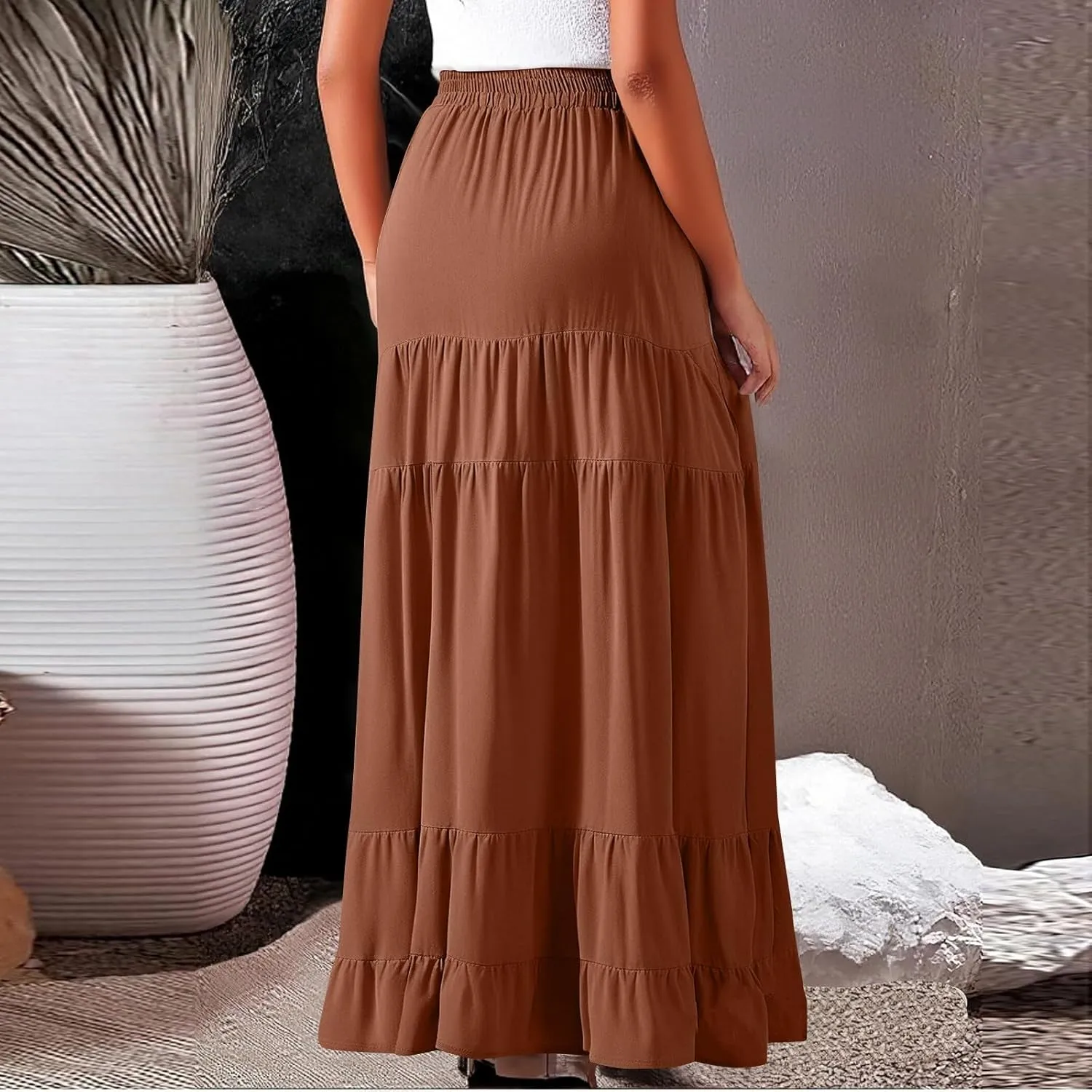 Long Flowy Skirts for Women with Pockets 2025 Casual Elastic High Waisted Ruffle Tiered Maxi Skirt Summer Boho Skirts