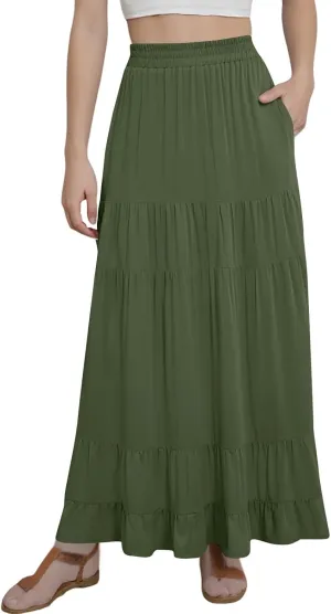 Long Flowy Skirts for Women with Pockets 2025 Casual Elastic High Waisted Ruffle Tiered Maxi Skirt Summer Boho Skirts