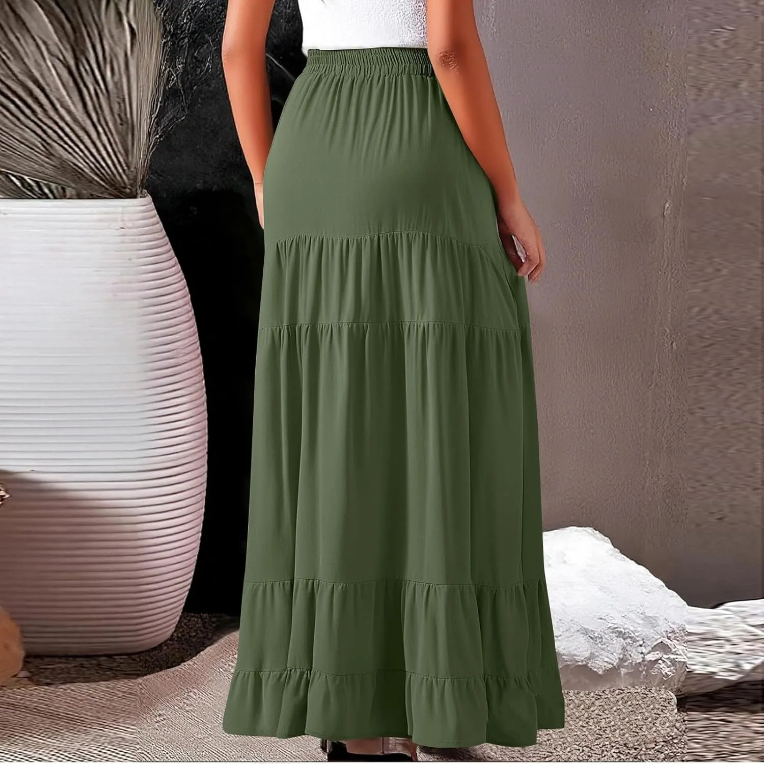 Long Flowy Skirts for Women with Pockets 2025 Casual Elastic High Waisted Ruffle Tiered Maxi Skirt Summer Boho Skirts