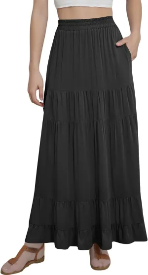 Long Flowy Skirts for Women with Pockets 2025 Casual Elastic High Waisted Ruffle Tiered Maxi Skirt Summer Boho Skirts
