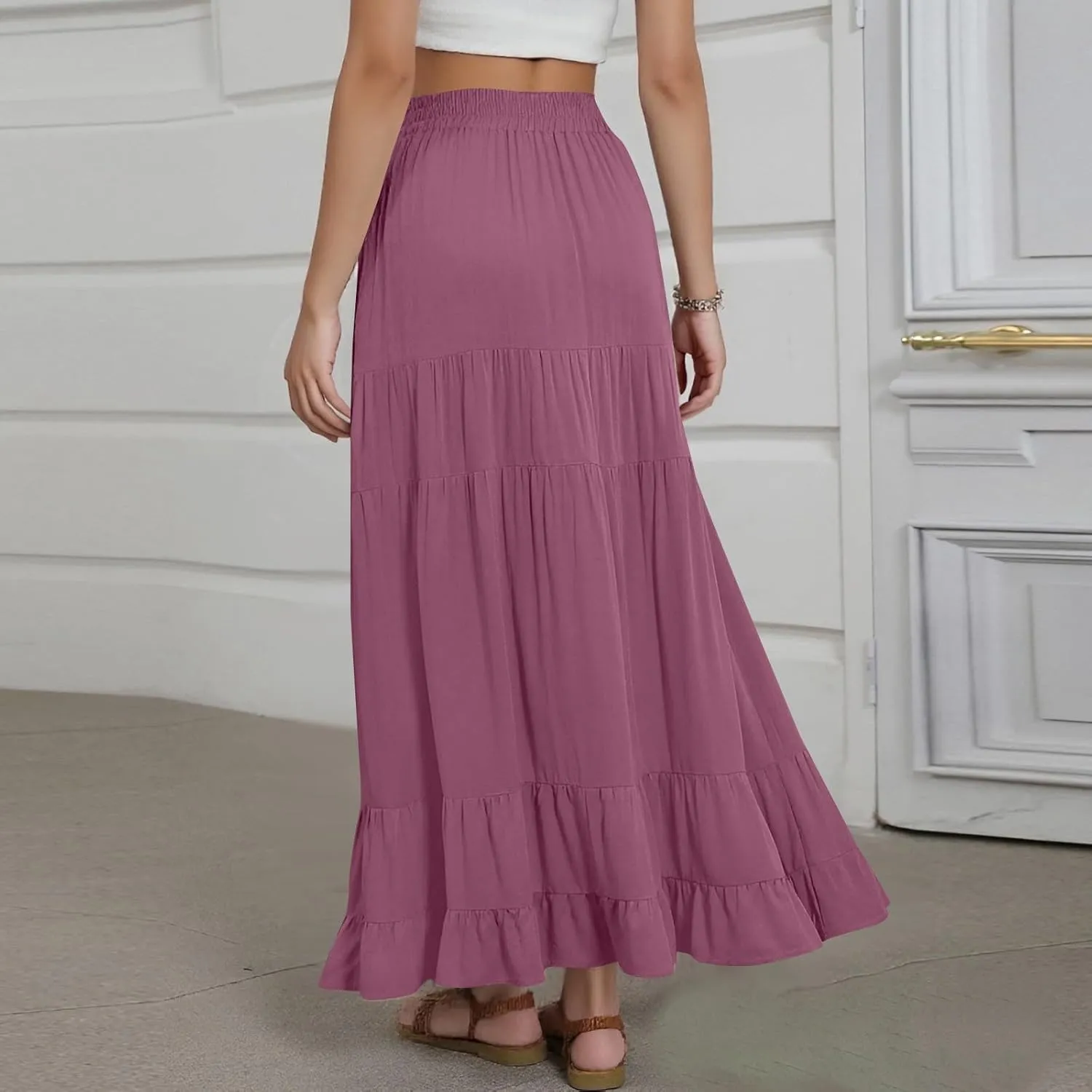 Long Flowy Skirts for Women with Pockets 2025 Casual Elastic High Waisted Ruffle Tiered Maxi Skirt Summer Boho Skirts