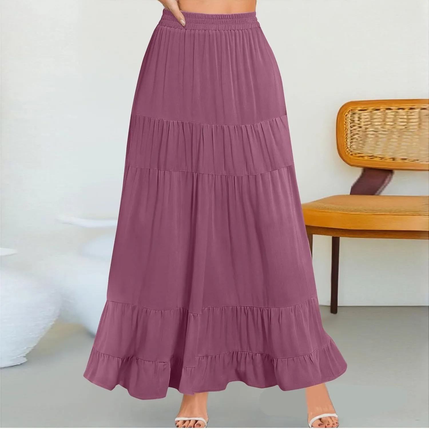 Long Flowy Skirts for Women with Pockets 2025 Casual Elastic High Waisted Ruffle Tiered Maxi Skirt Summer Boho Skirts