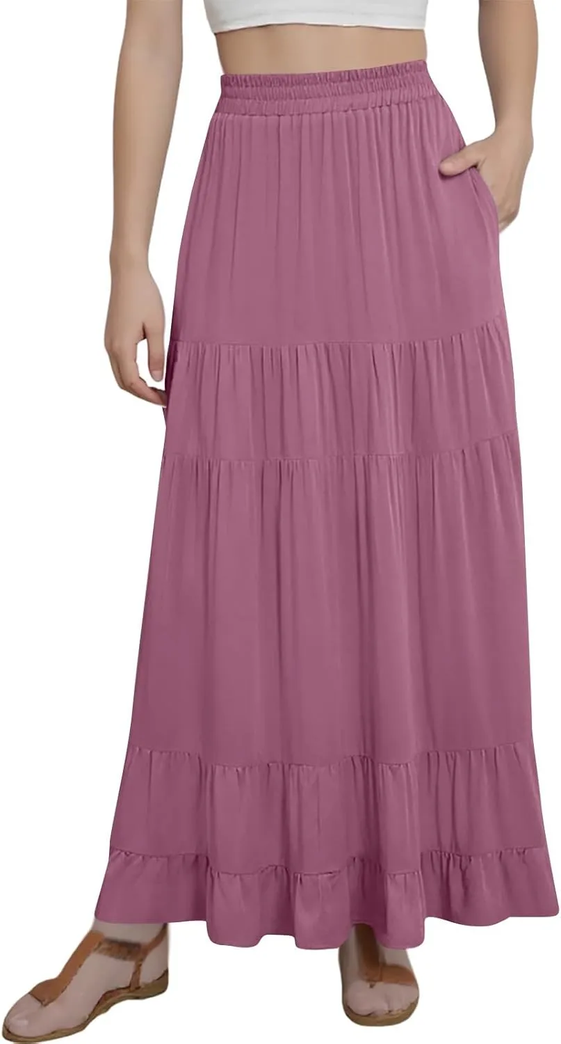 Long Flowy Skirts for Women with Pockets 2025 Casual Elastic High Waisted Ruffle Tiered Maxi Skirt Summer Boho Skirts