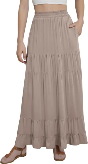 Long Flowy Skirts for Women with Pockets 2025 Casual Elastic High Waisted Ruffle Tiered Maxi Skirt Summer Boho Skirts