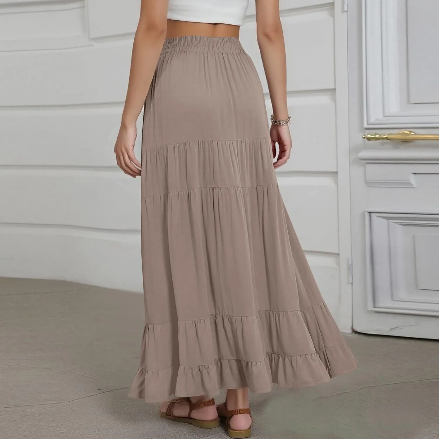 Long Flowy Skirts for Women with Pockets 2025 Casual Elastic High Waisted Ruffle Tiered Maxi Skirt Summer Boho Skirts