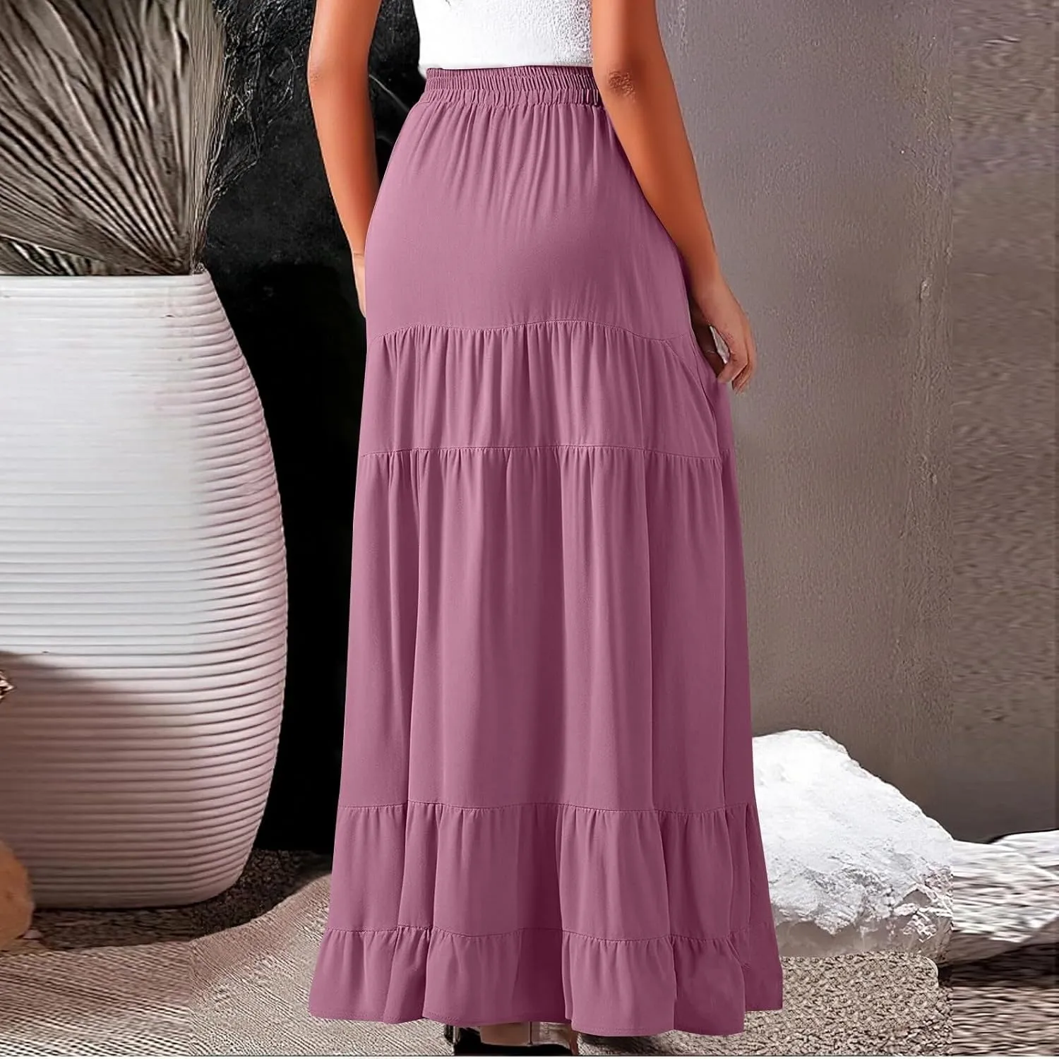 Long Flowy Skirts for Women with Pockets 2025 Casual Elastic High Waisted Ruffle Tiered Maxi Skirt Summer Boho Skirts