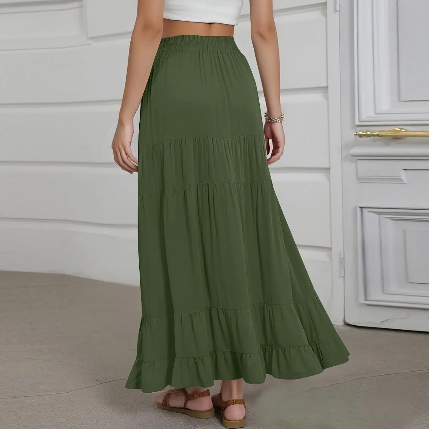 Long Flowy Skirts for Women with Pockets 2025 Casual Elastic High Waisted Ruffle Tiered Maxi Skirt Summer Boho Skirts