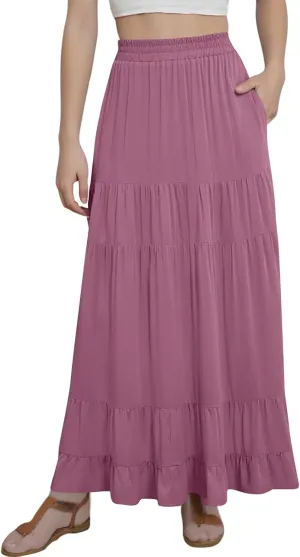 Long Flowy Skirts for Women with Pockets 2025 Casual Elastic High Waisted Ruffle Tiered Maxi Skirt Summer Boho Skirts
