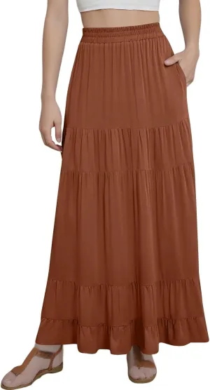 Long Flowy Skirts for Women with Pockets 2025 Casual Elastic High Waisted Ruffle Tiered Maxi Skirt Summer Boho Skirts