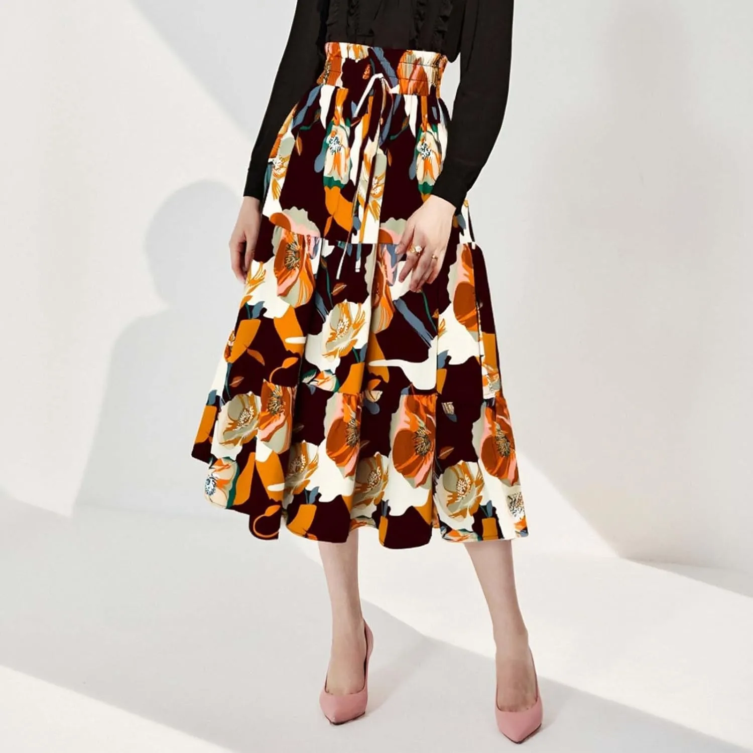 Long Skirt for Women Summer Trendy Bohemian Floral Print High Elastic Waist A-Line Loose Casual Boha Skirts for Vacation