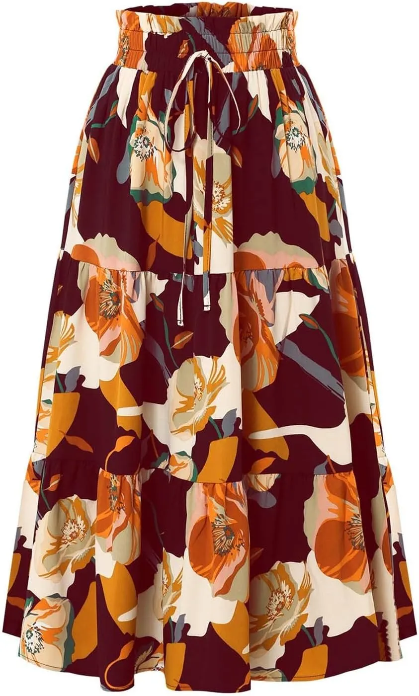 Long Skirt for Women Summer Trendy Bohemian Floral Print High Elastic Waist A-Line Loose Casual Boha Skirts for Vacation