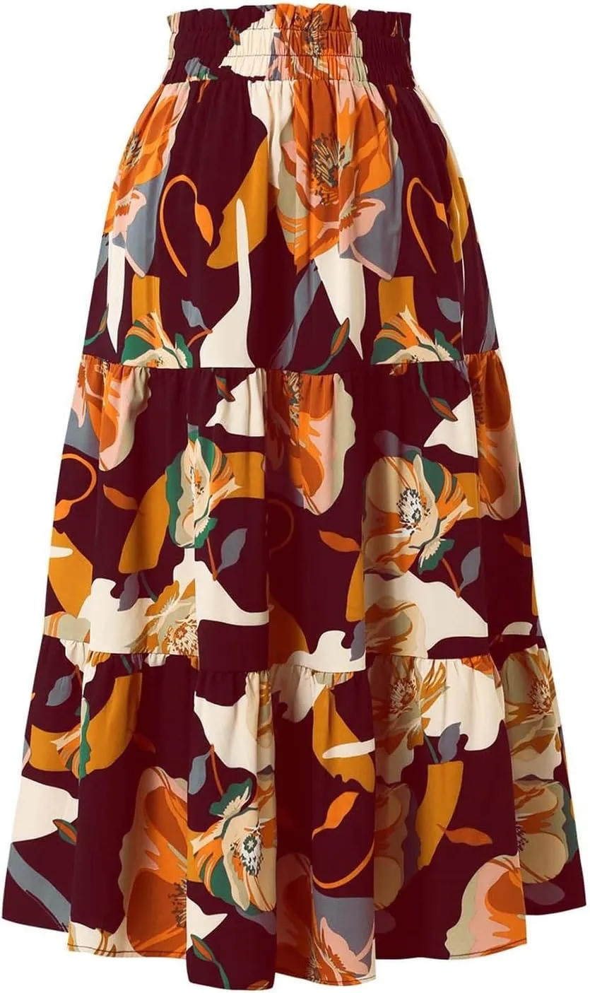 Long Skirt for Women Summer Trendy Bohemian Floral Print High Elastic Waist A-Line Loose Casual Boha Skirts for Vacation