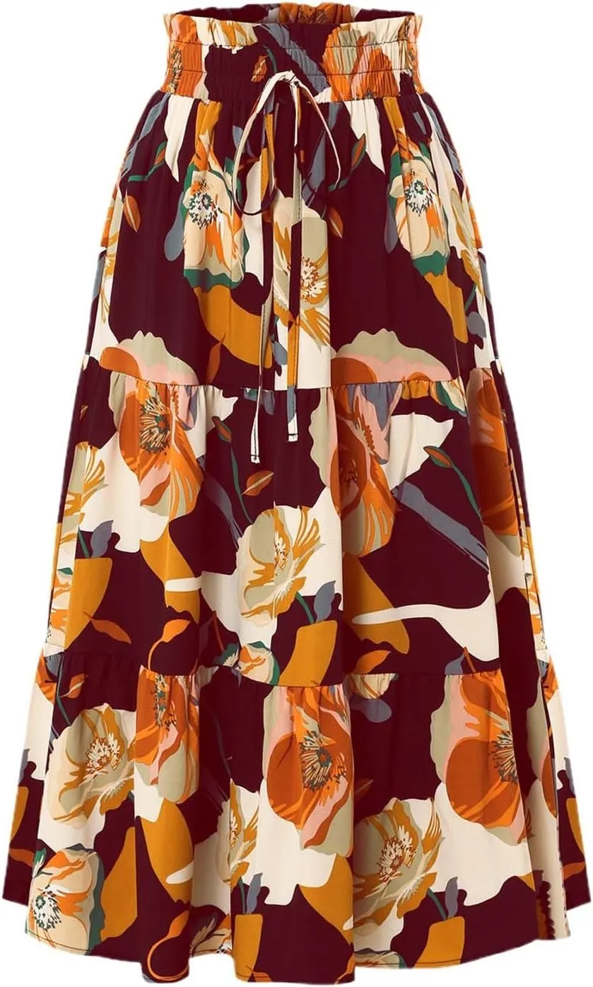 Long Skirt for Women Summer Trendy Bohemian Floral Print High Elastic Waist A-Line Loose Casual Boha Skirts for Vacation
