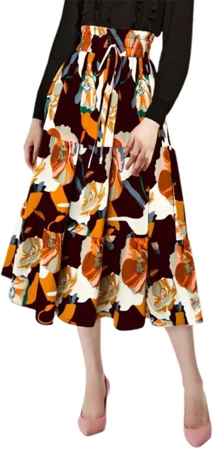 Long Skirt for Women Summer Trendy Bohemian Floral Print High Elastic Waist A-Line Loose Casual Boha Skirts for Vacation