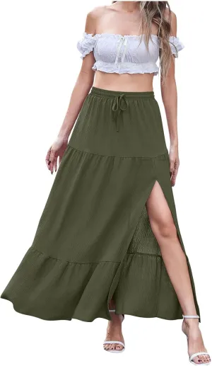 Long Skirts for Women Boho Vacation Split Tiered Puffle Swing A Line Chiffon Skirts Over-Knee Skirt
