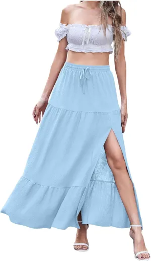 Long Skirts for Women Boho Vacation Split Tiered Puffle Swing A Line Chiffon Skirts Over-Knee Skirt