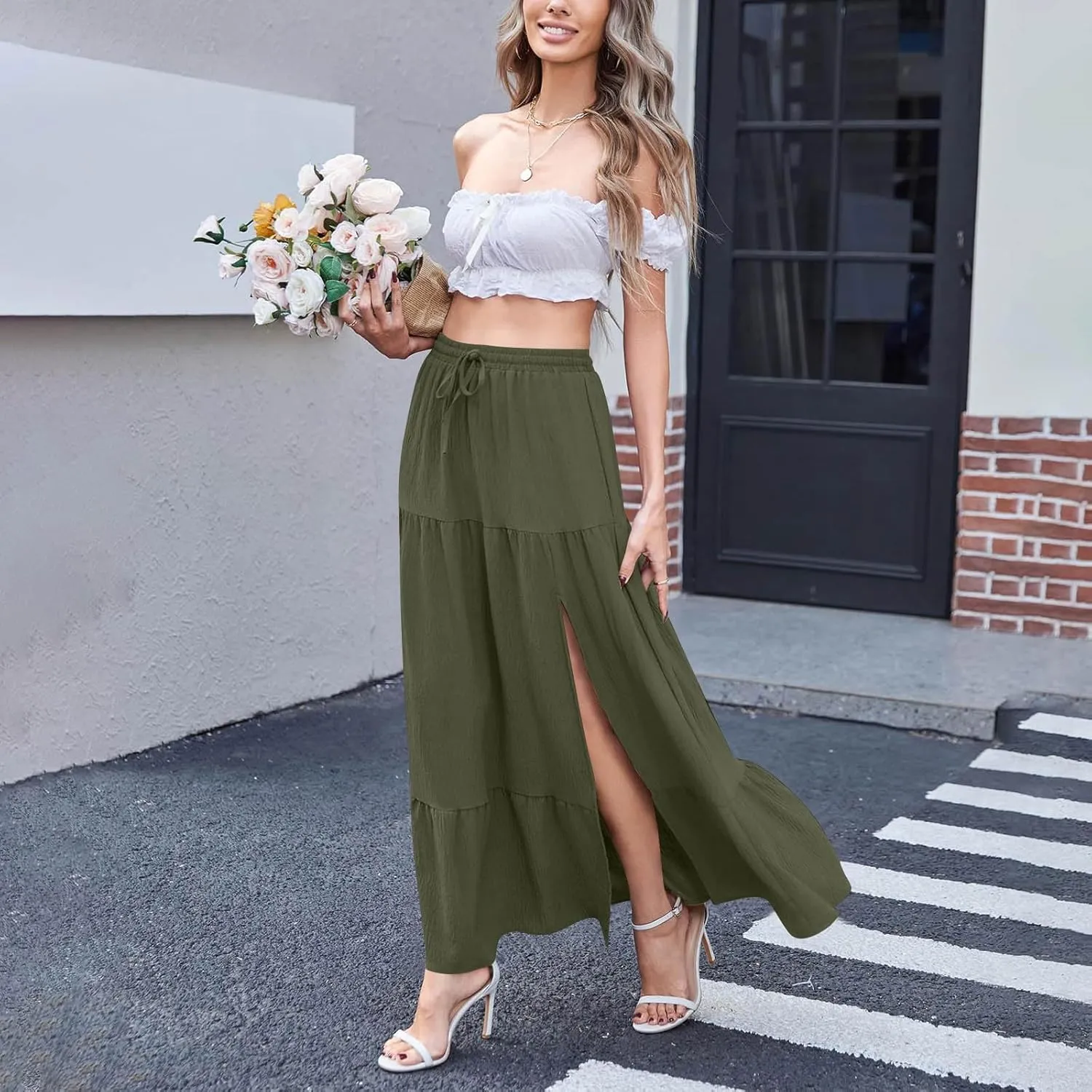 Long Skirts for Women Boho Vacation Split Tiered Puffle Swing A Line Chiffon Skirts Over-Knee Skirt
