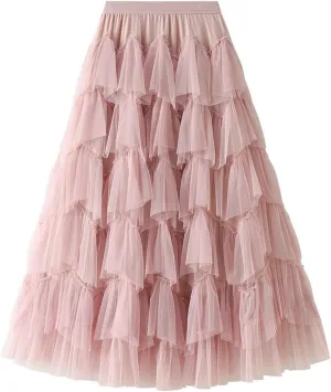 Long Skirts for Women Chiffon Layer Tiered Elegant Fairy Tulle Formal Party Dance Skirts
