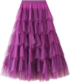 Long Skirts for Women Chiffon Layer Tiered Elegant Fairy Tulle Formal Party Dance Skirts