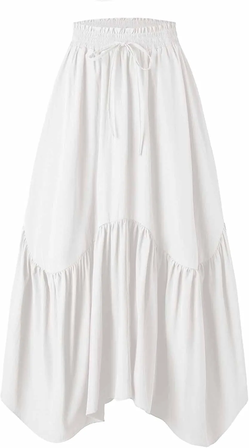 Long Skirts for Women Solid High Waisted Pleated Renaissance Skirt Casual Summer Fashion Flowy Tiered A-Line Skirts