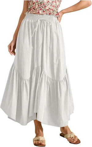 Long Skirts for Women Solid High Waisted Pleated Renaissance Skirt Casual Summer Fashion Flowy Tiered A-Line Skirts