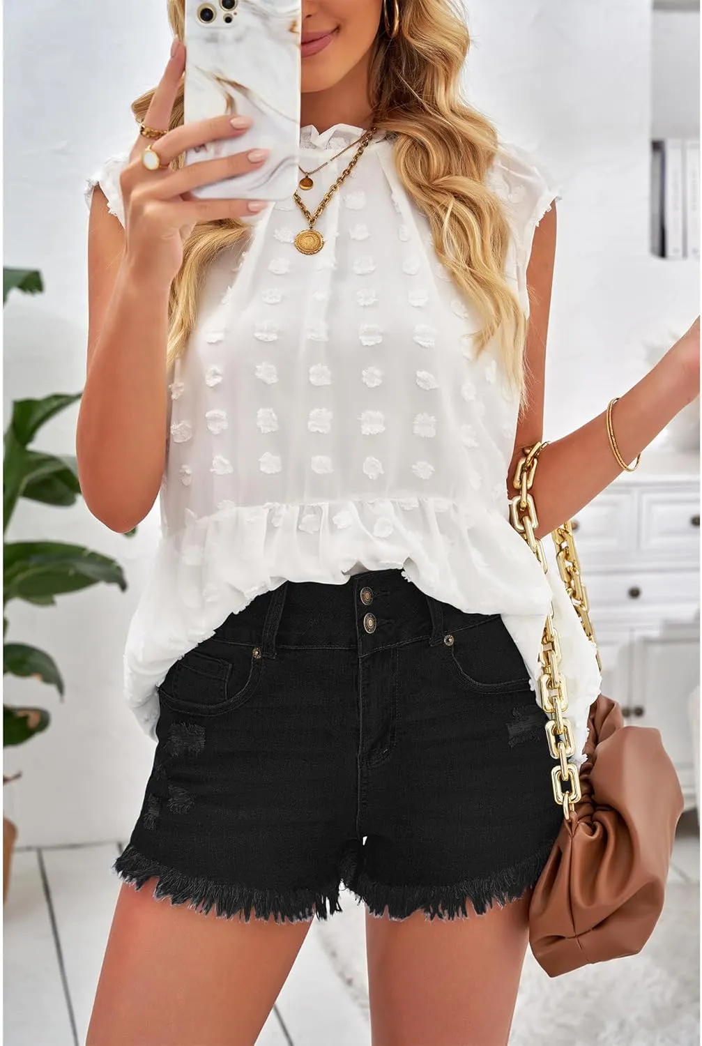 luvamia Women Casual High Waisted Denim Shorts Frayed Raw Hem Ripped Jeans Shorts