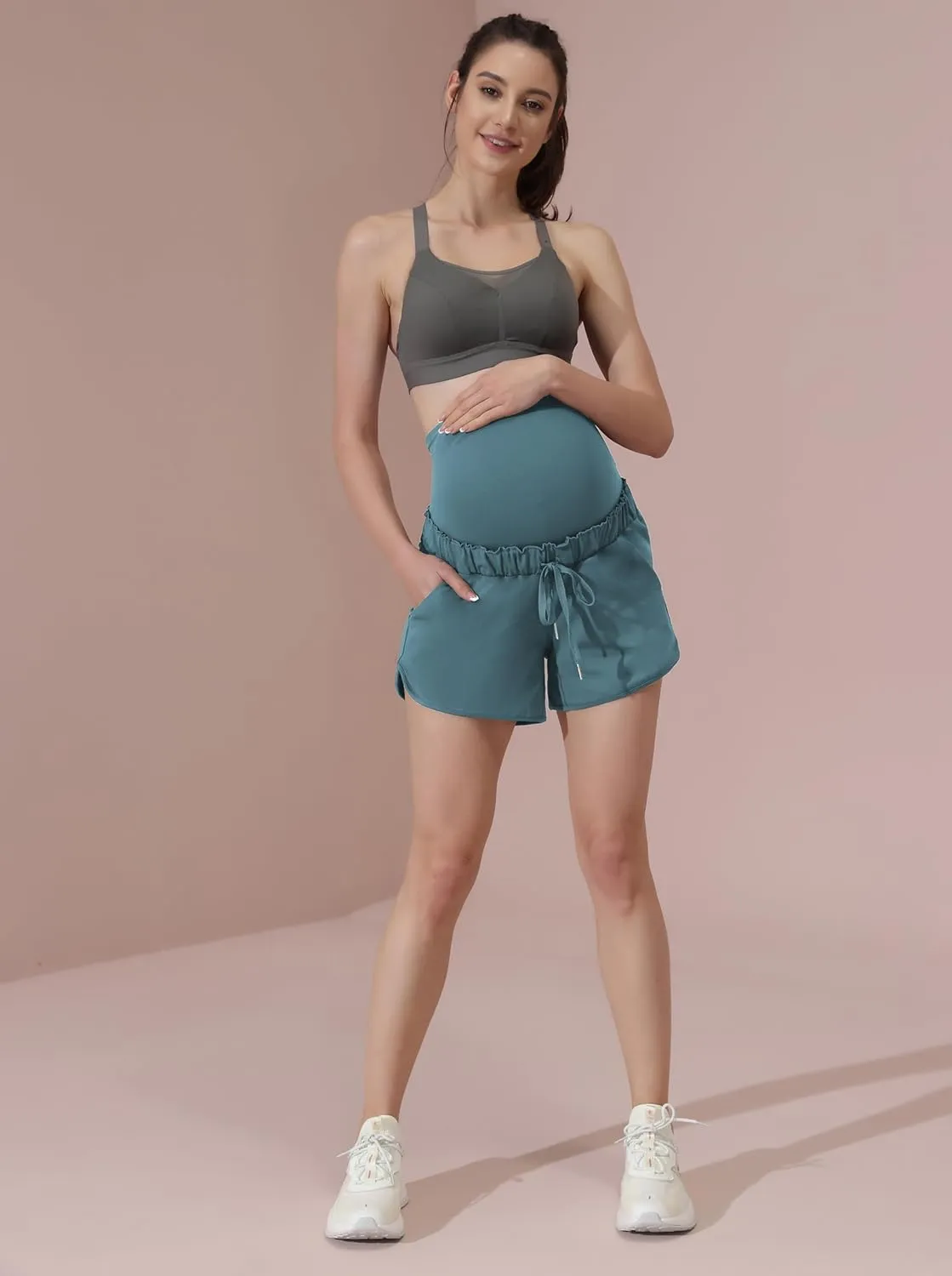 Maacie Maternity High Waist Shorts Drawstring Workout Shorts with Pockets