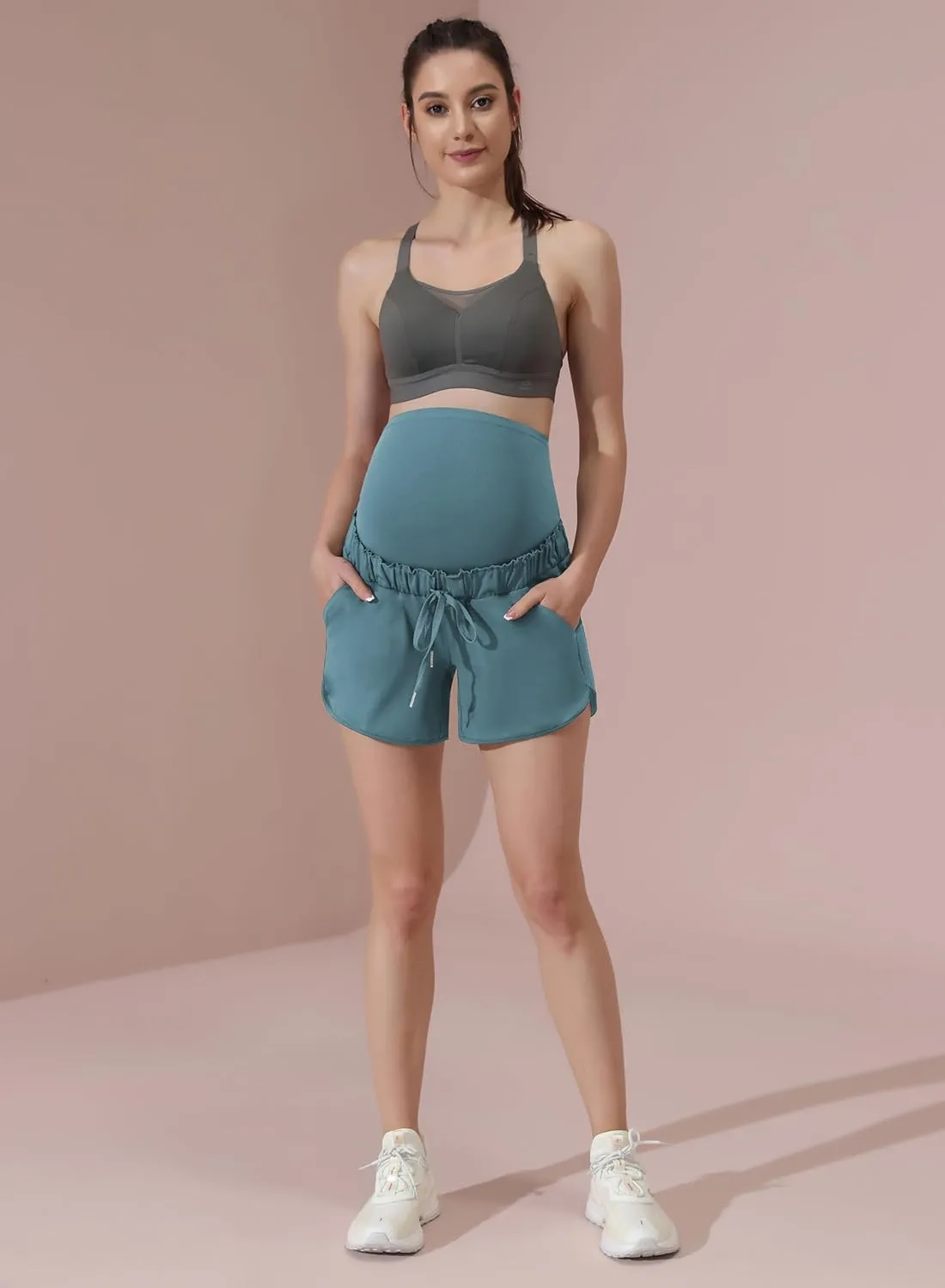 Maacie Maternity High Waist Shorts Drawstring Workout Shorts with Pockets