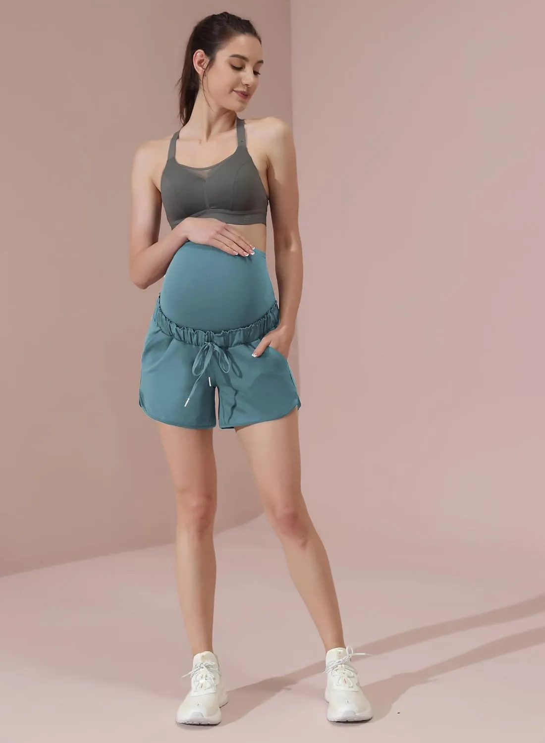 Maacie Maternity High Waist Shorts Drawstring Workout Shorts with Pockets