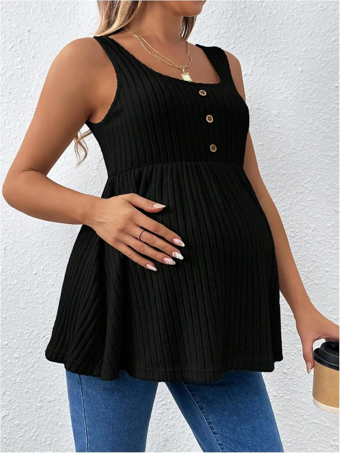 MakeMeChic Women's Maternity Tank Tops Summer Rib Knitted Flared Hem Sleeveless Buttoned Pregnancy Shirt Tops