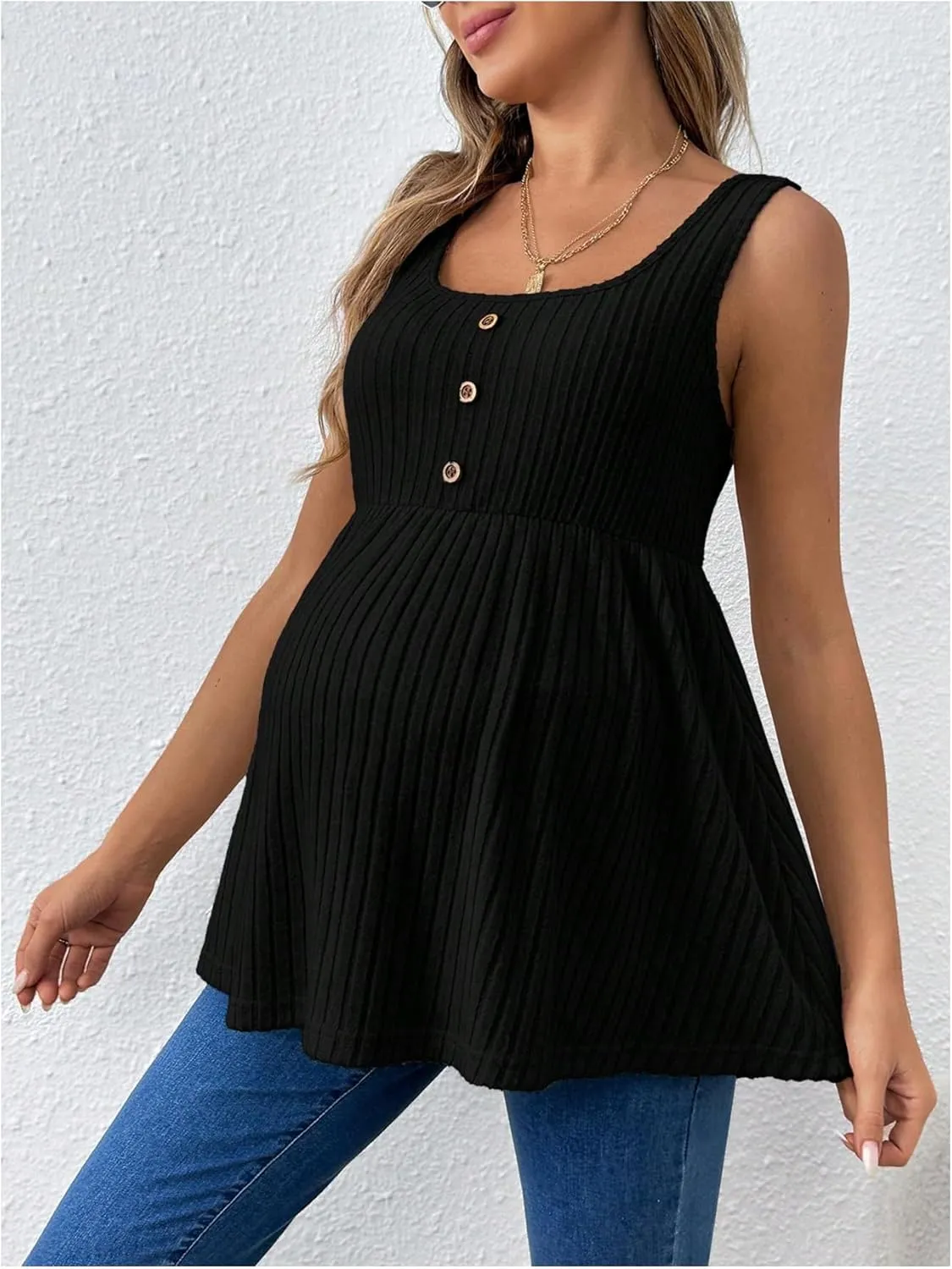 MakeMeChic Women's Maternity Tank Tops Summer Rib Knitted Flared Hem Sleeveless Buttoned Pregnancy Shirt Tops