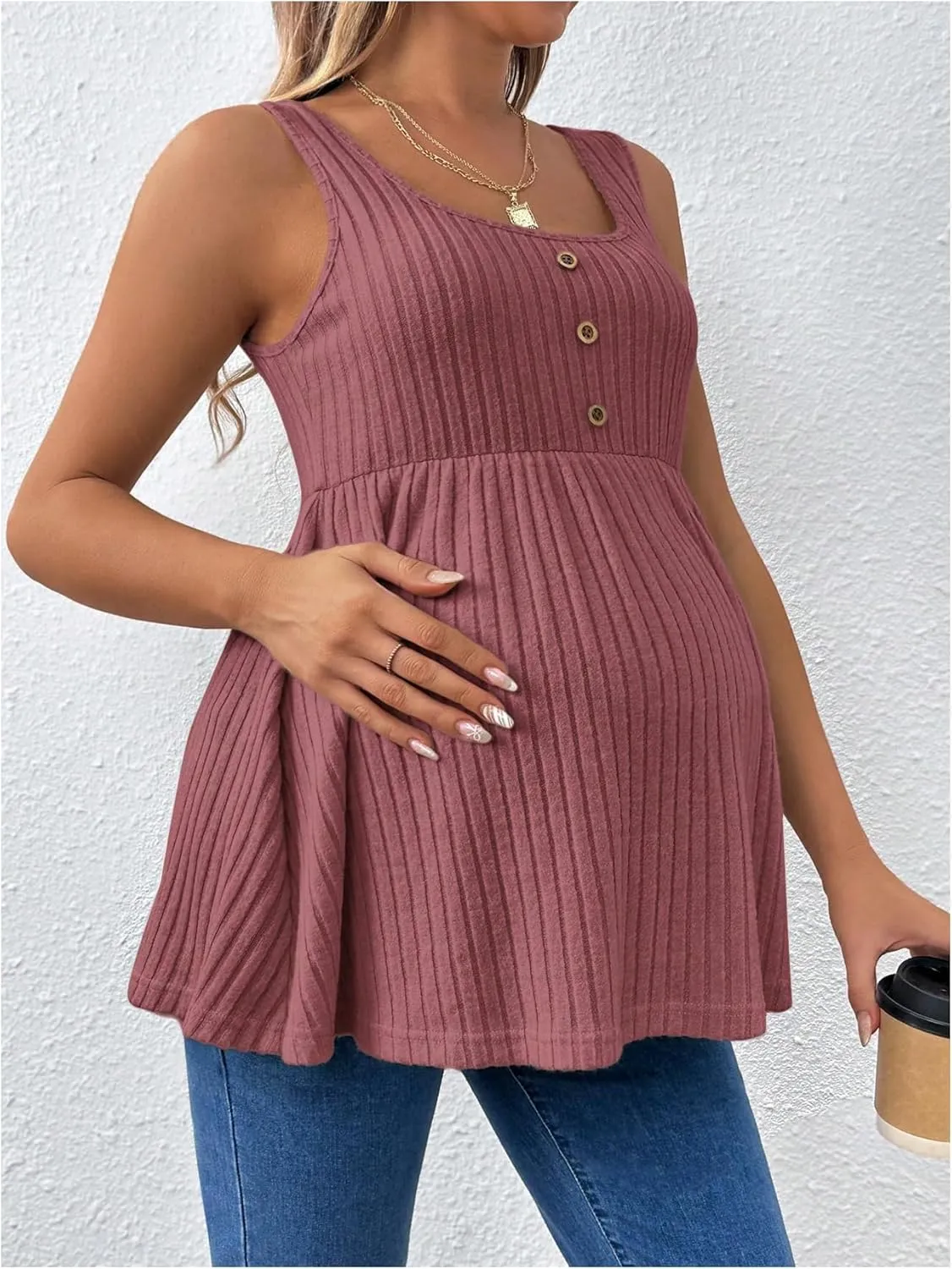 MakeMeChic Women's Maternity Tank Tops Summer Rib Knitted Flared Hem Sleeveless Buttoned Pregnancy Shirt Tops