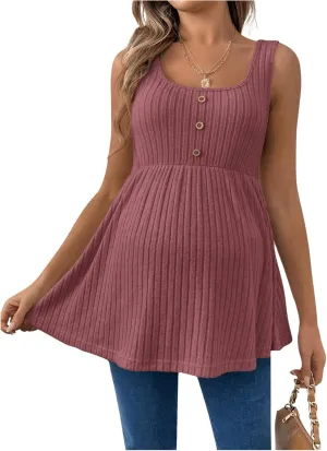 MakeMeChic Women's Maternity Tank Tops Summer Rib Knitted Flared Hem Sleeveless Buttoned Pregnancy Shirt Tops
