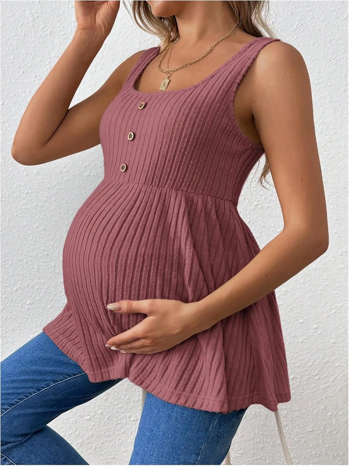 MakeMeChic Women's Maternity Tank Tops Summer Rib Knitted Flared Hem Sleeveless Buttoned Pregnancy Shirt Tops