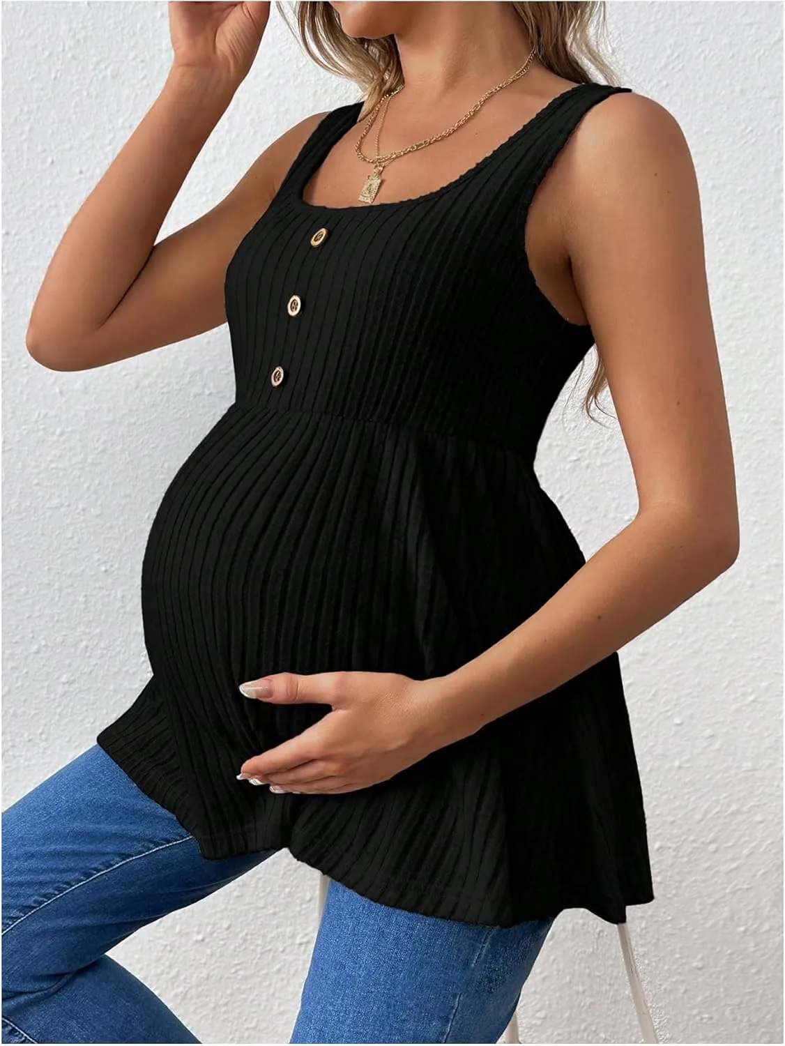 MakeMeChic Women's Maternity Tank Tops Summer Rib Knitted Flared Hem Sleeveless Buttoned Pregnancy Shirt Tops