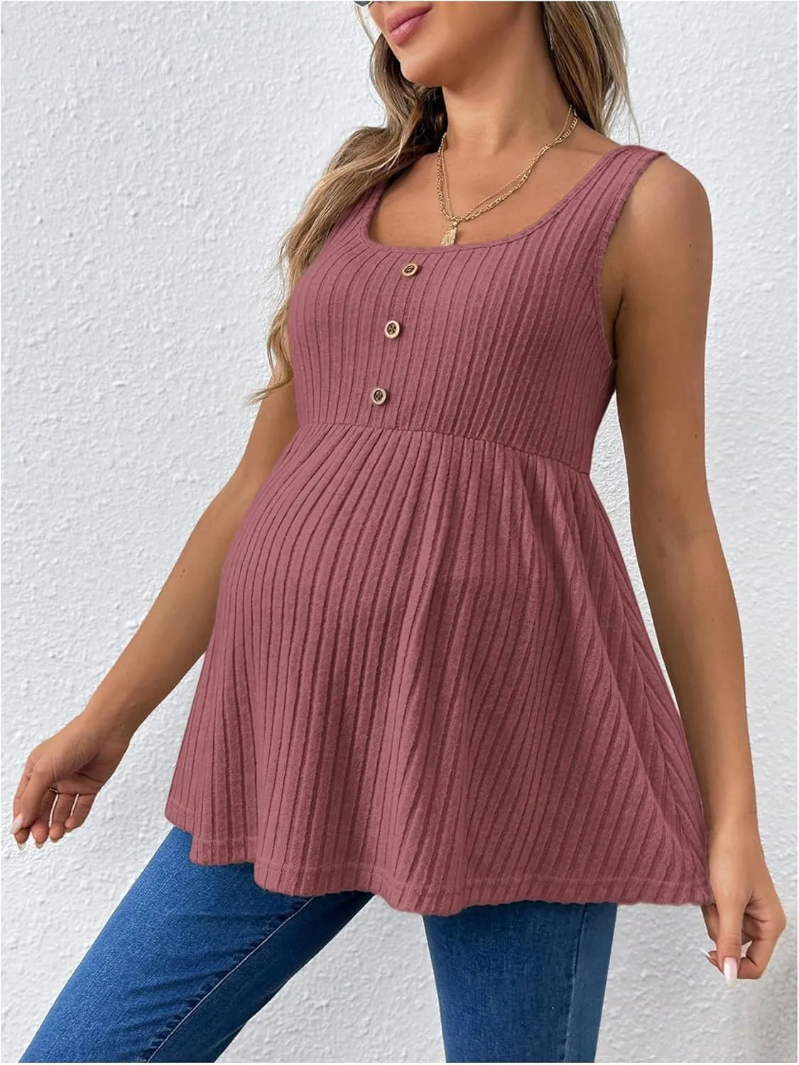 MakeMeChic Women's Maternity Tank Tops Summer Rib Knitted Flared Hem Sleeveless Buttoned Pregnancy Shirt Tops