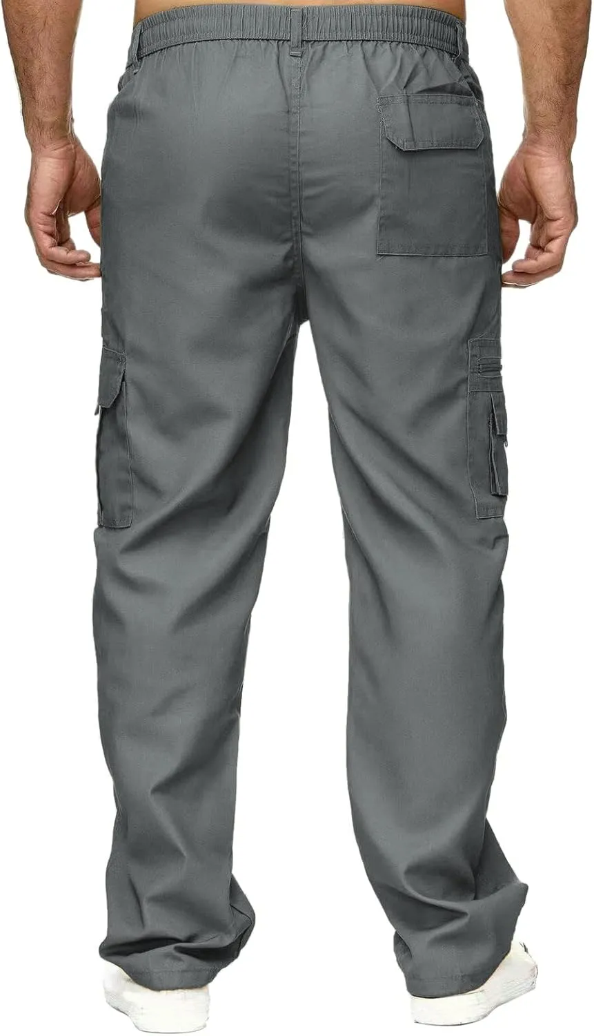 Male Versatile All Season Cargo Pants Multi Pocket Zip Button Hem Solid Color Plus Size Trousers for Men High