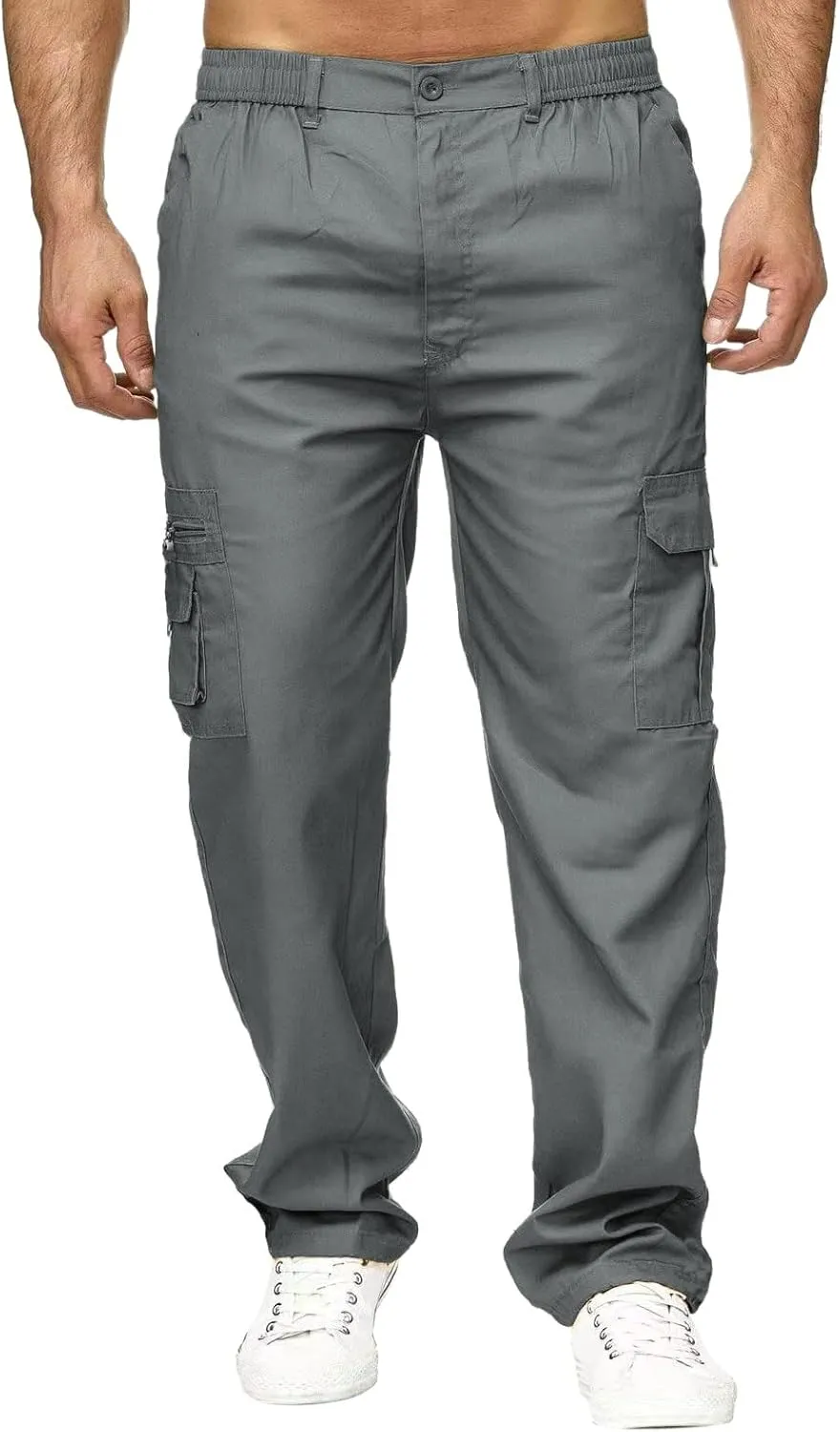 Male Versatile All Season Cargo Pants Multi Pocket Zip Button Hem Solid Color Plus Size Trousers for Men High