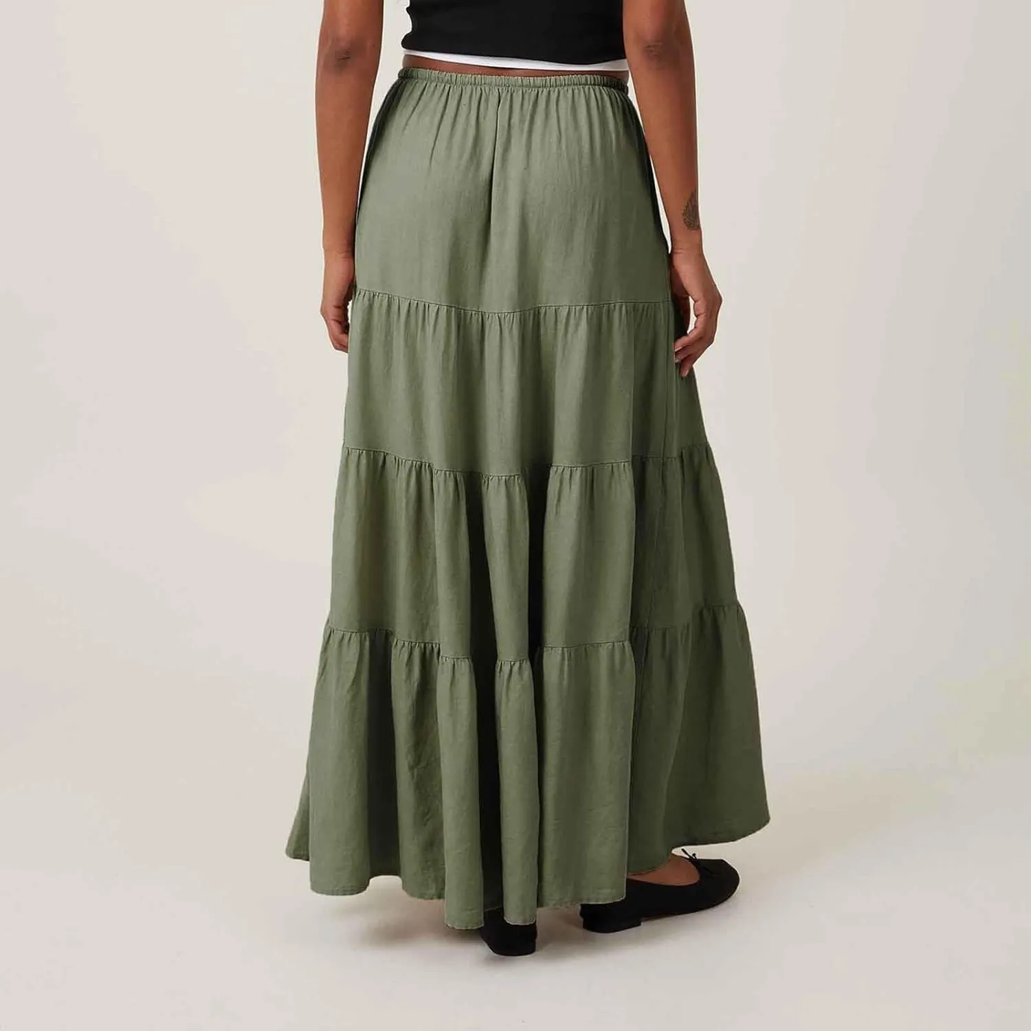 Maxi Skirts for Women Solid Color Ruffle Tiered Pleated Elastic High Waisted Skirt Summer Casual Flowy A Line Skirts