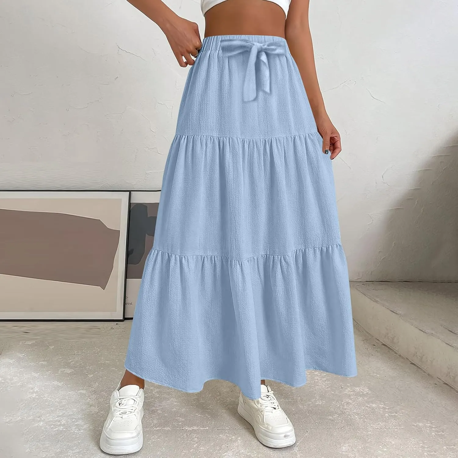 Maxi Skirts for Women Summer 3-Layer Tiered Elastic High Waisted Beach Skirt Smocked A Line Skirts Flowy Long Skirt
