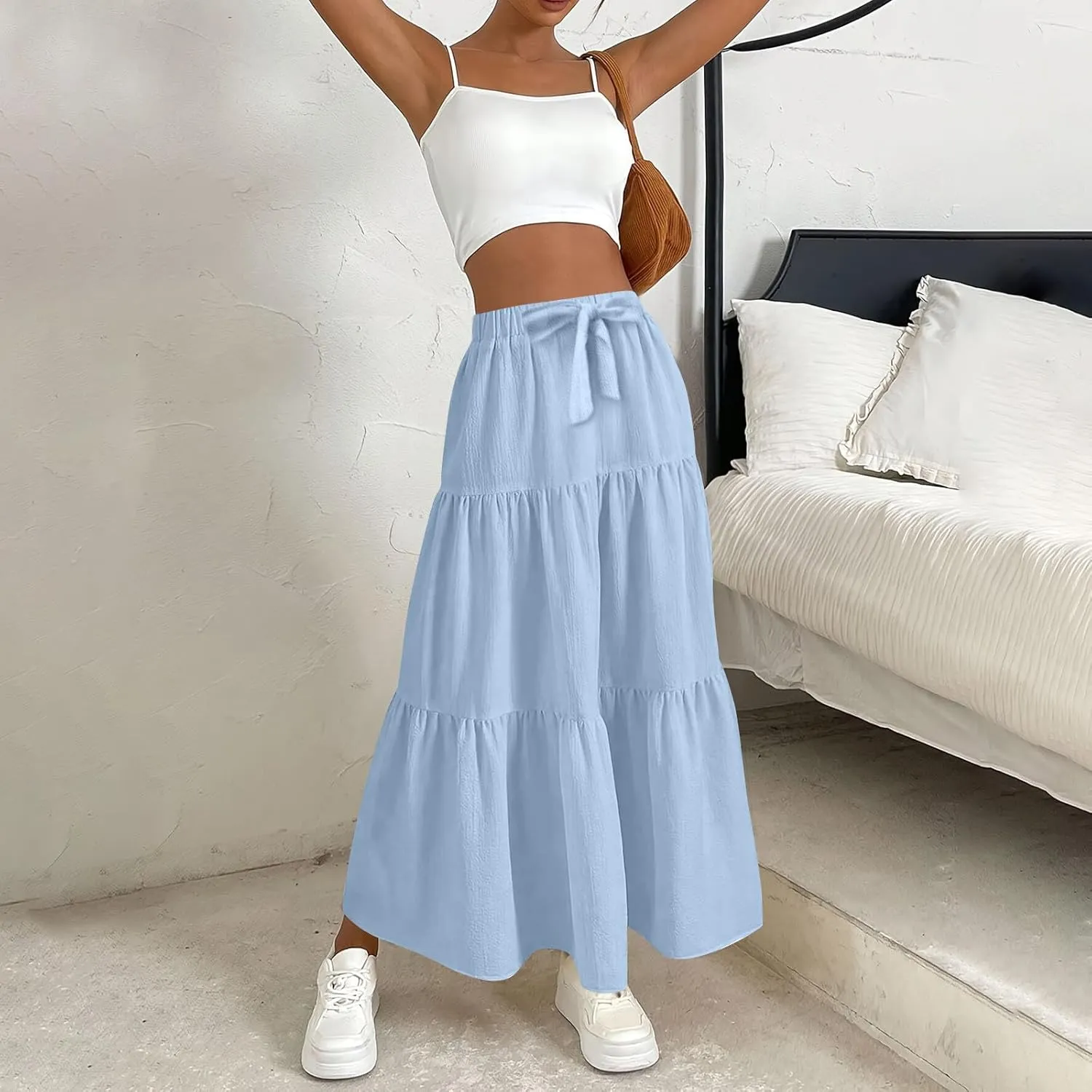 Maxi Skirts for Women Summer 3-Layer Tiered Elastic High Waisted Beach Skirt Smocked A Line Skirts Flowy Long Skirt