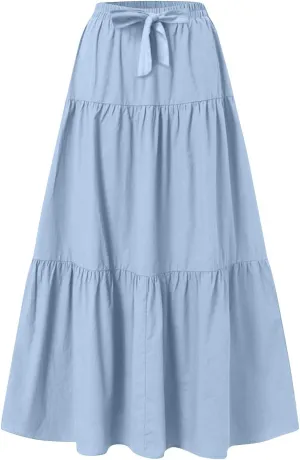 Maxi Skirts for Women Summer 3-Layer Tiered Elastic High Waisted Beach Skirt Smocked A Line Skirts Flowy Long Skirt