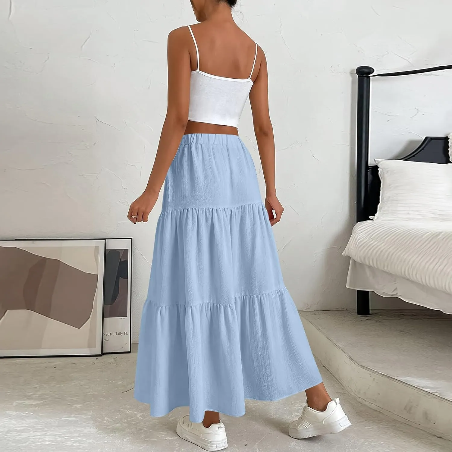 Maxi Skirts for Women Summer 3-Layer Tiered Elastic High Waisted Beach Skirt Smocked A Line Skirts Flowy Long Skirt