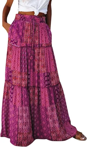 Maxi Skirts for Women Trendy Summer Tiered Elastic High Waisted Skirt A Line Flowy Long Skirts Beach Vacation Clothes