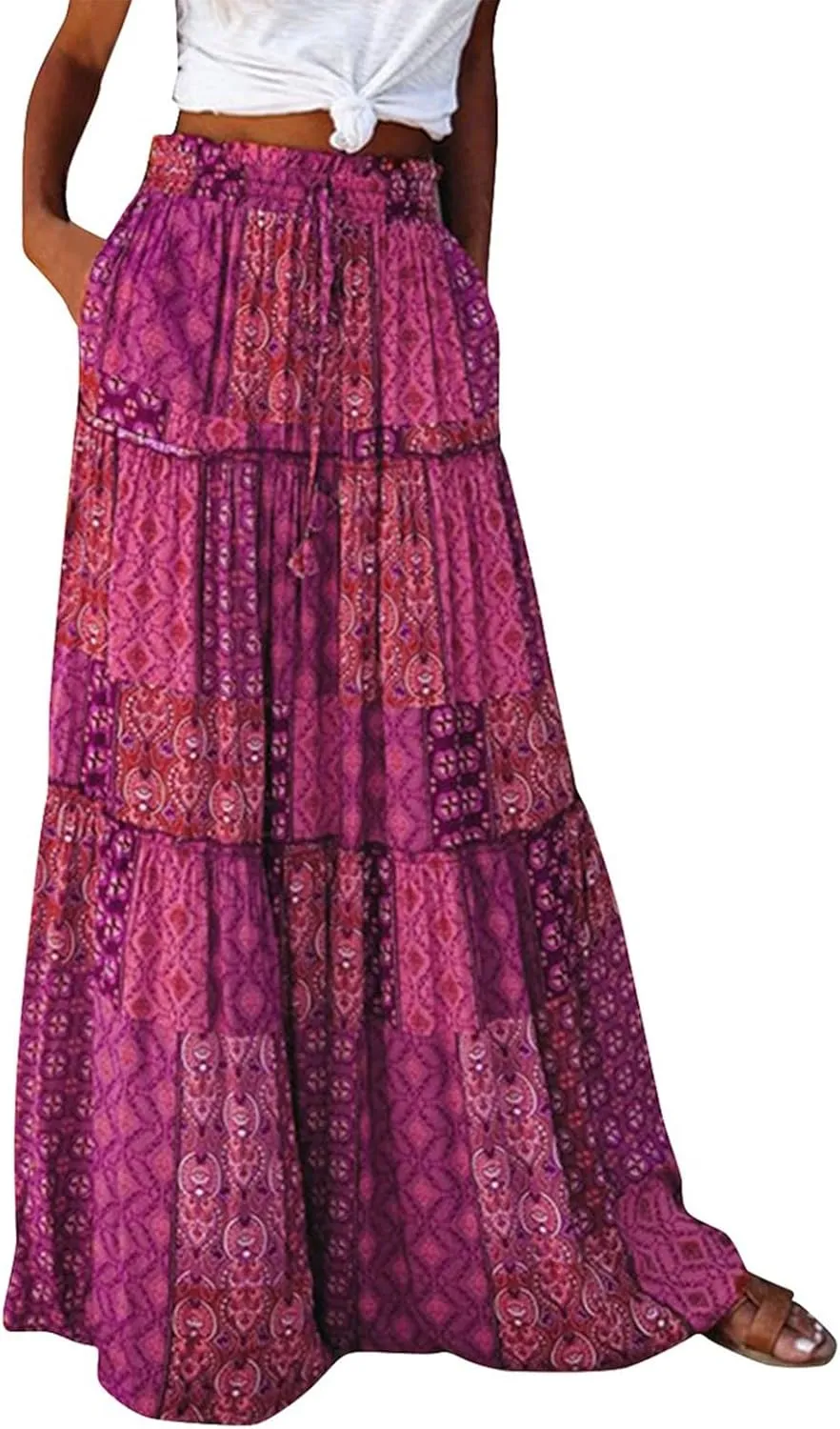 Maxi Skirts for Women Trendy Summer Tiered Elastic High Waisted Skirt A Line Flowy Long Skirts Beach Vacation Clothes