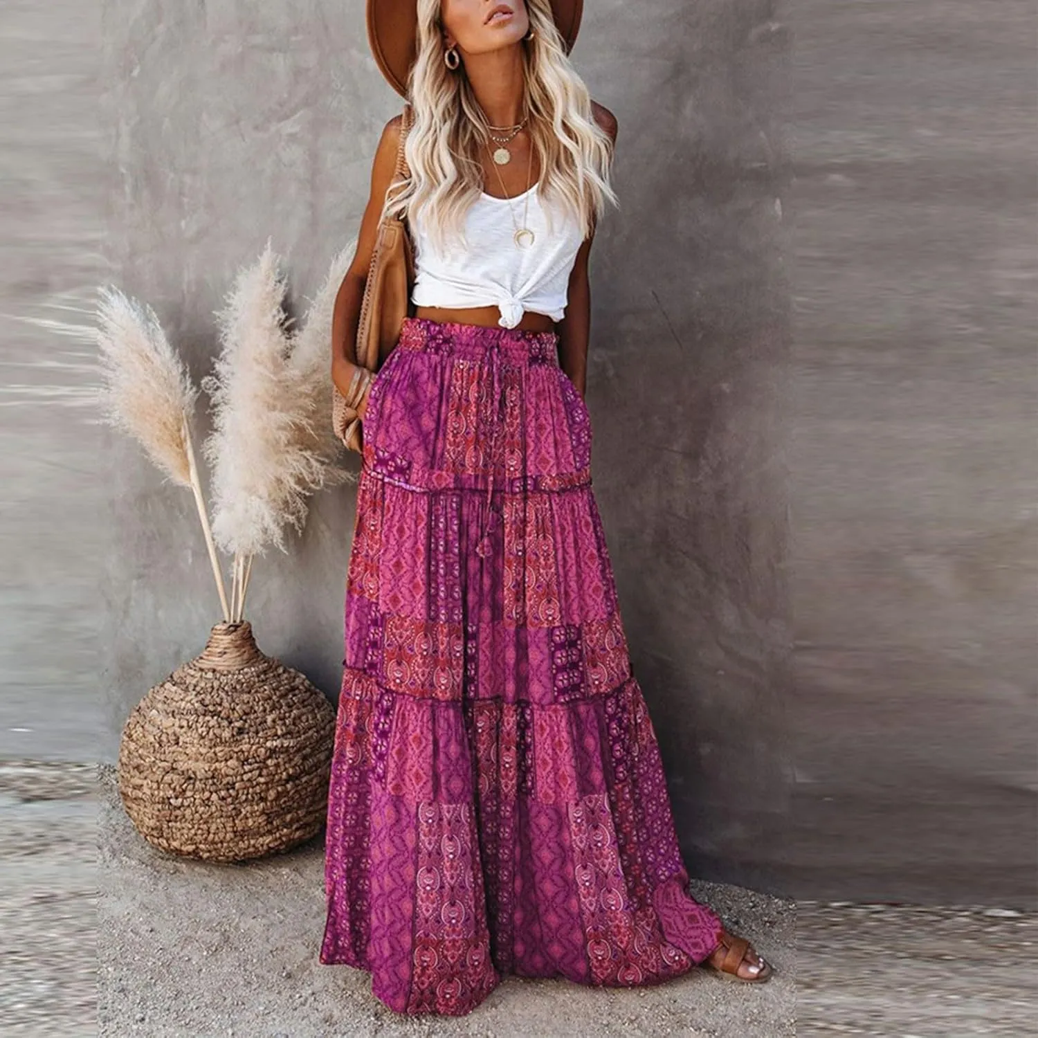 Maxi Skirts for Women Trendy Summer Tiered Elastic High Waisted Skirt A Line Flowy Long Skirts Beach Vacation Clothes