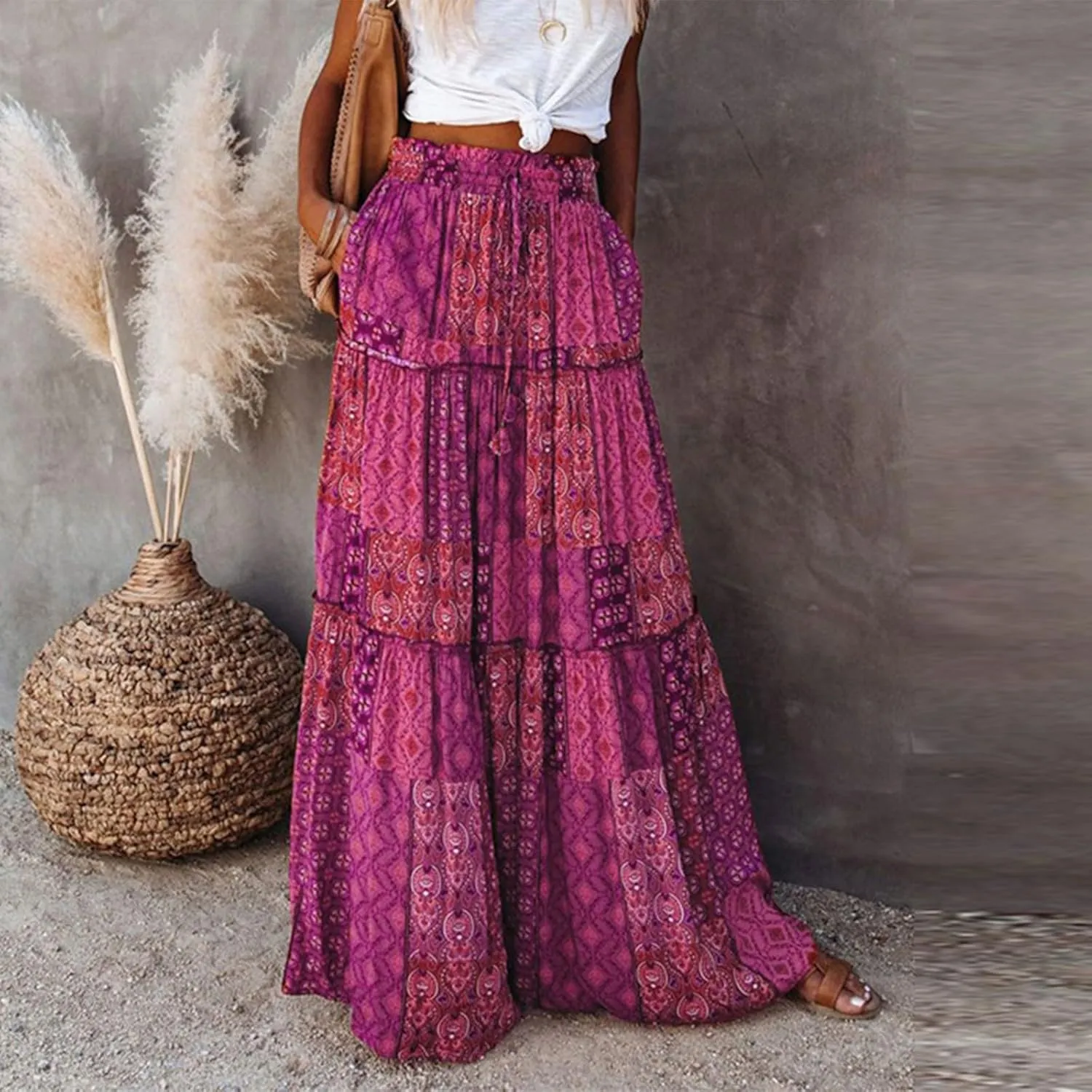 Maxi Skirts for Women Trendy Summer Tiered Elastic High Waisted Skirt A Line Flowy Long Skirts Beach Vacation Clothes