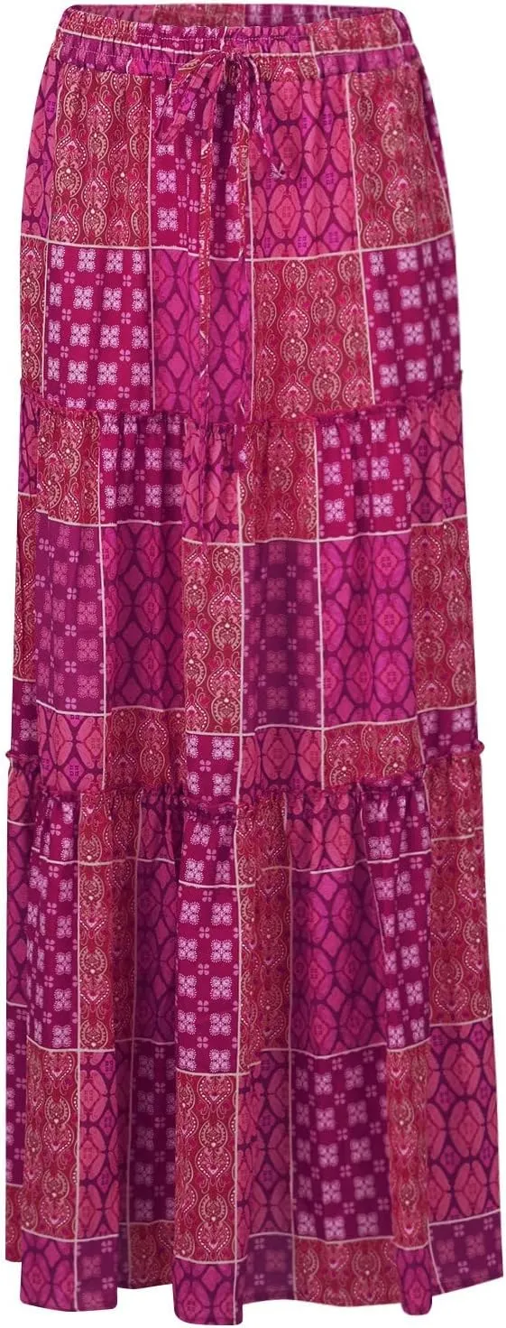Maxi Skirts for Women Trendy Summer Tiered Elastic High Waisted Skirt A Line Flowy Long Skirts Beach Vacation Clothes